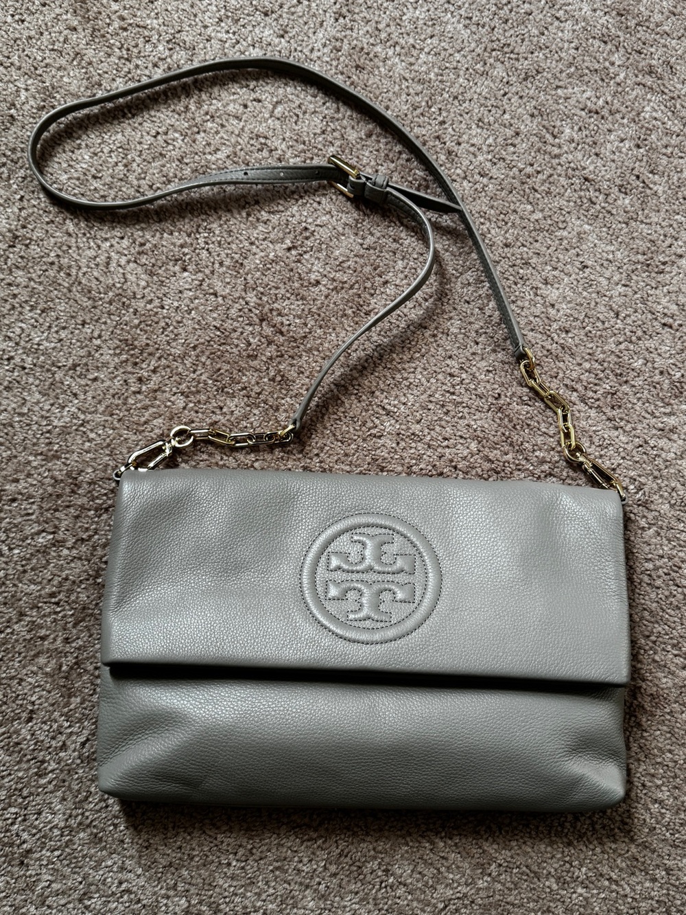 Tory Burch Bombe Foldover Leather Crossbody French Grey
